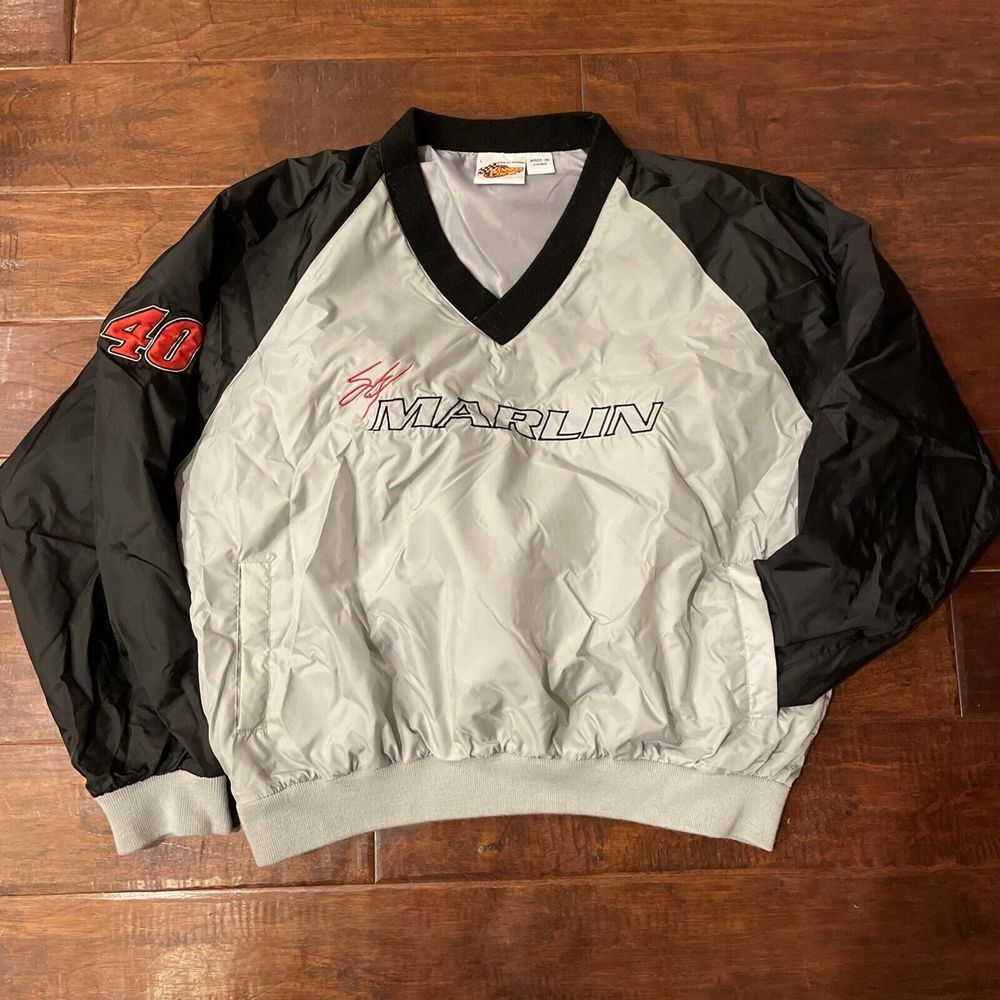 Winners Circle Sterling Marlin 40‎ NASCAR V-Neck Windbreaker Jacket Sz Lg Silver